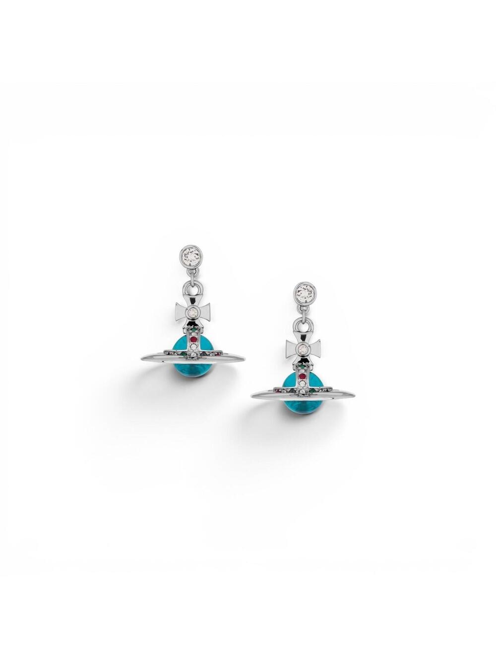 Vivienne Westwood Tiny Orb Drop Earrings Silver Tone Blue Crystal